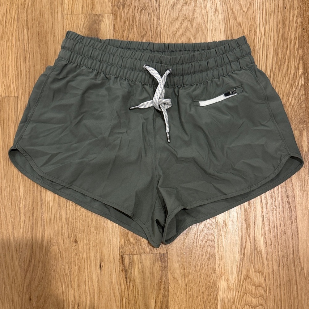 Vuori Dark Green Athletic Shorts with White Accents